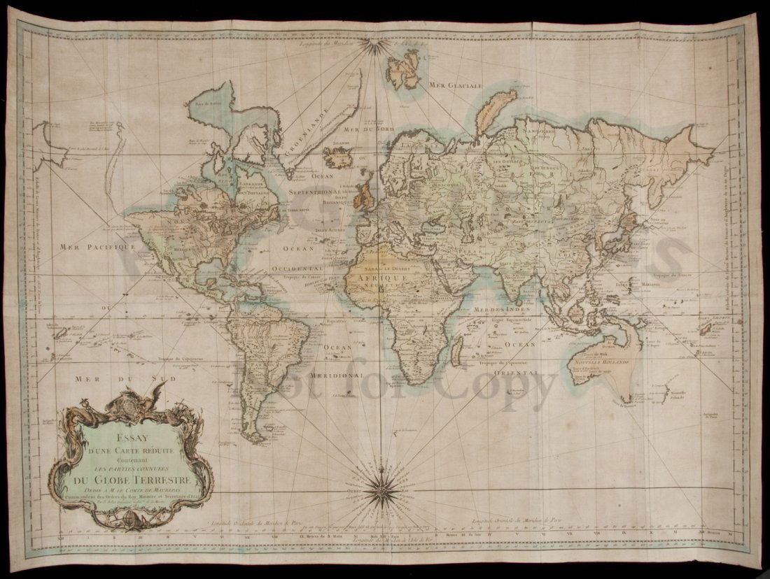Bellin map of the World 1748: Title: Essay d'une Carte Reduite Contenant les Parties Connues du Globe Terrestre Author: Bellin, Jacques Nicolas Description: Copper-engraved map, hand colored (later). 50x69.5 cm. (19¾x27½").Signi
