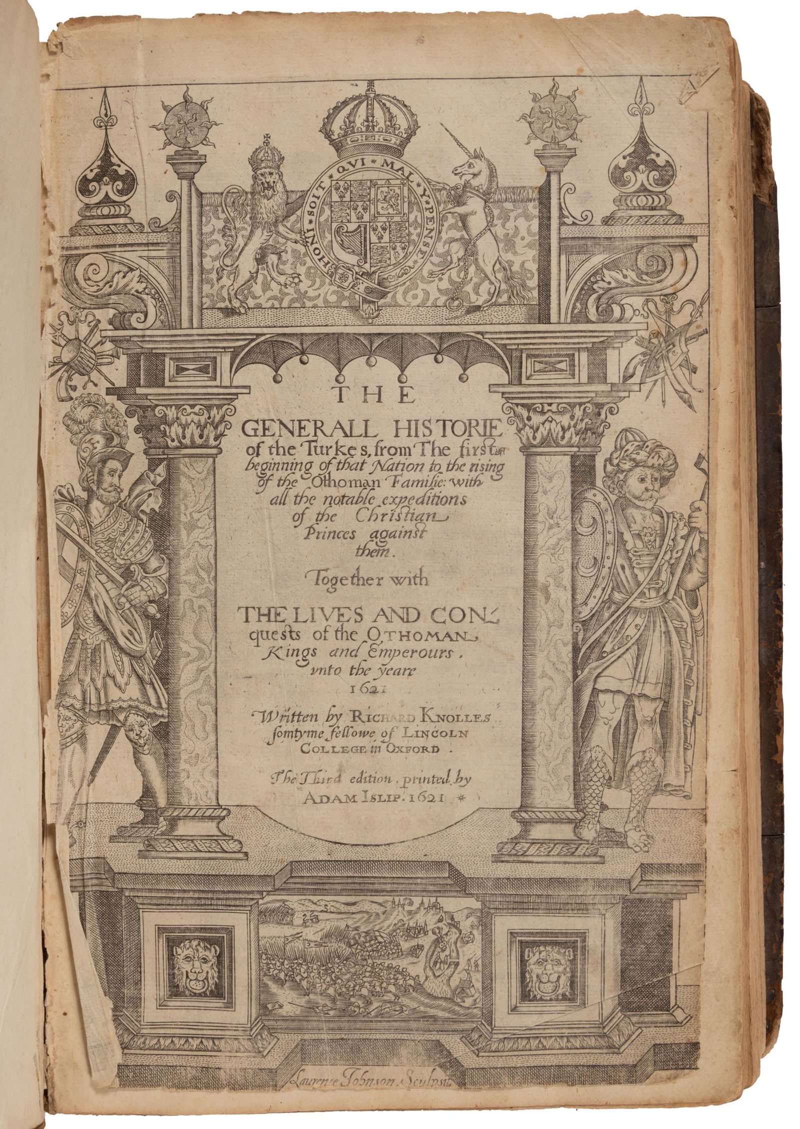Knolles' History of the Turks 3rd ed. 1621: Heading: Author: Knolles, Richard Title: The Generall Historie of the Turkes, from the first beginning of that nation to the rising of the Othoman Familie Place Published: London Publisher:Adam Islip