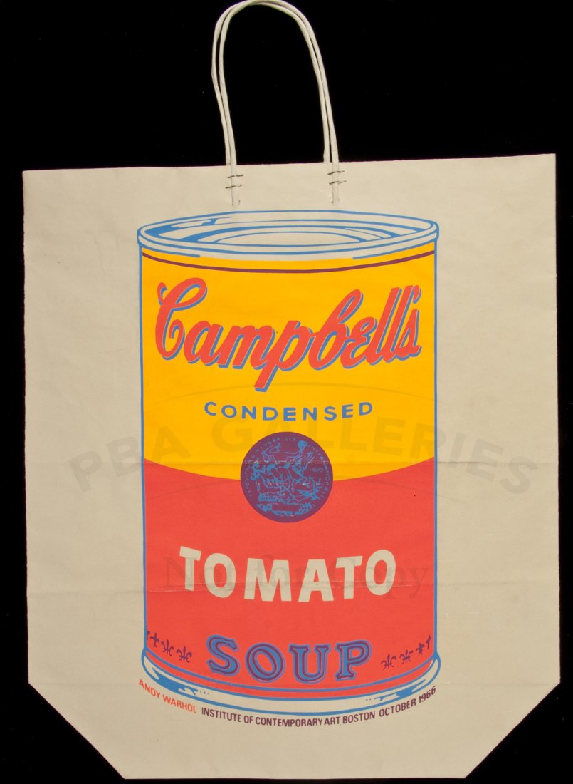 Warhol's Campbell's Soup Can screenprint bag: Title: Campbell's Tomato Soup Can - Screenprint on a shopping bag from the Institute of Contemporary Art, Boston Author: Warhol, Andy Description: Color screen-print in neon colors of Warhol's iconic