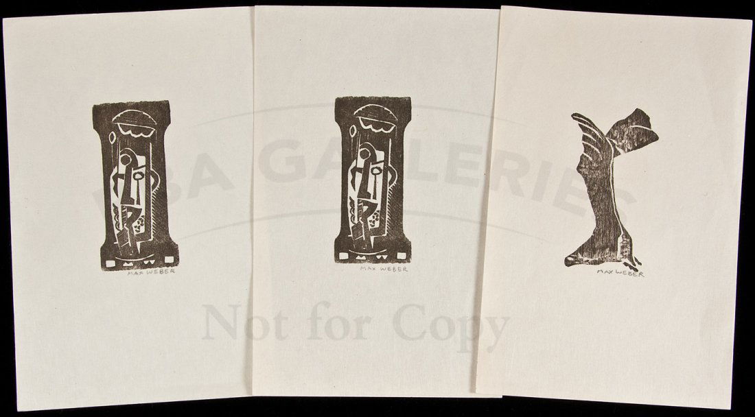 Three signed prints by Max Weber: Title: Three signed prints by Max Weber Author: Weber, Max Description: Three woodblock prints, including one duplicate. Each approximately 24.6x16 cm. (9¾x6¼") over all. Each signed in pencil by We