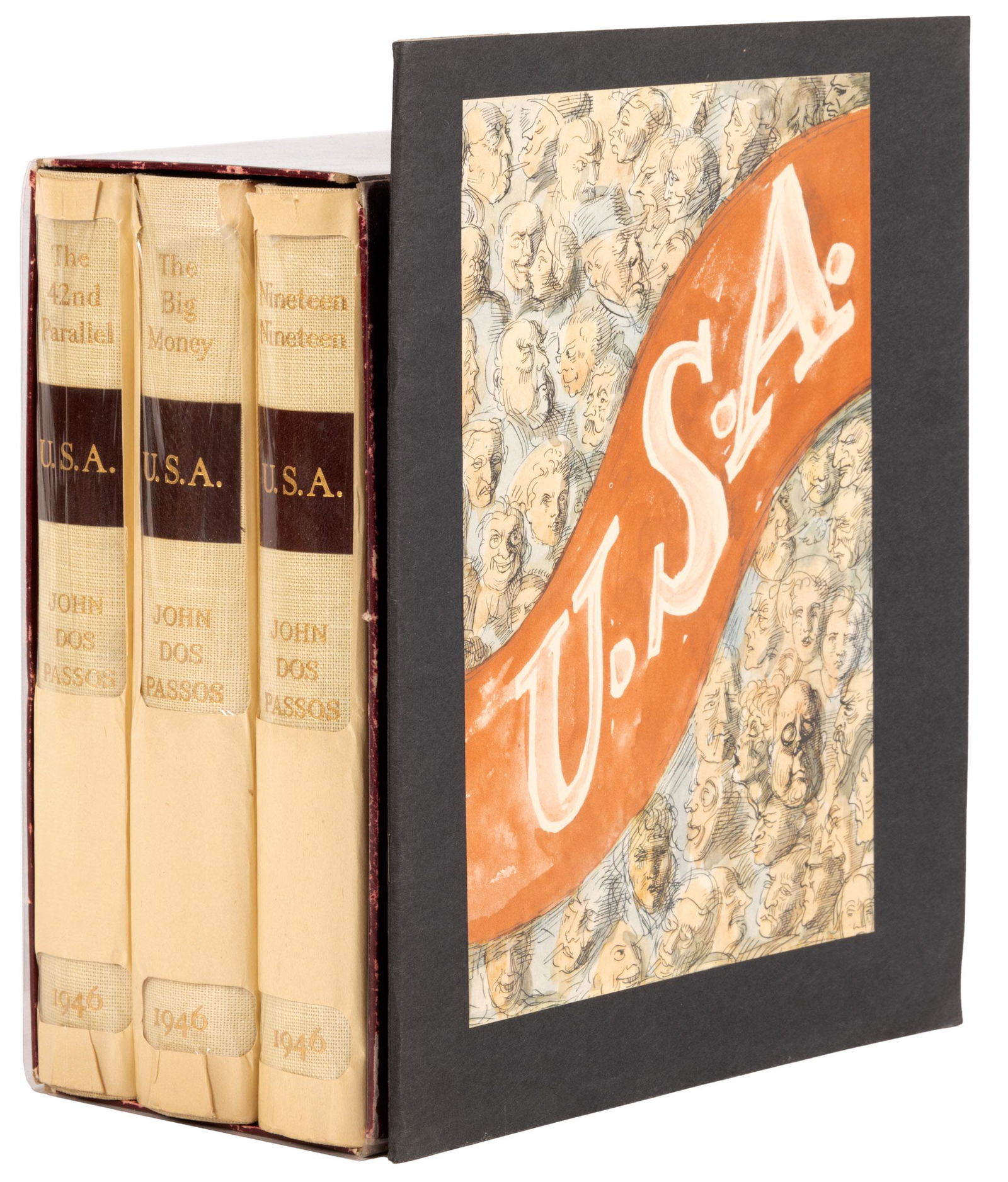 John Dos Passos signed U.S.A. w/ prospectus: Heading: Author: Dos Passos, John Title: U.S.A. Place Published: Boston Publisher:Houghton Mifflin Company Date Published: 1946 Description: 3 volumes. Illustrated by Regin