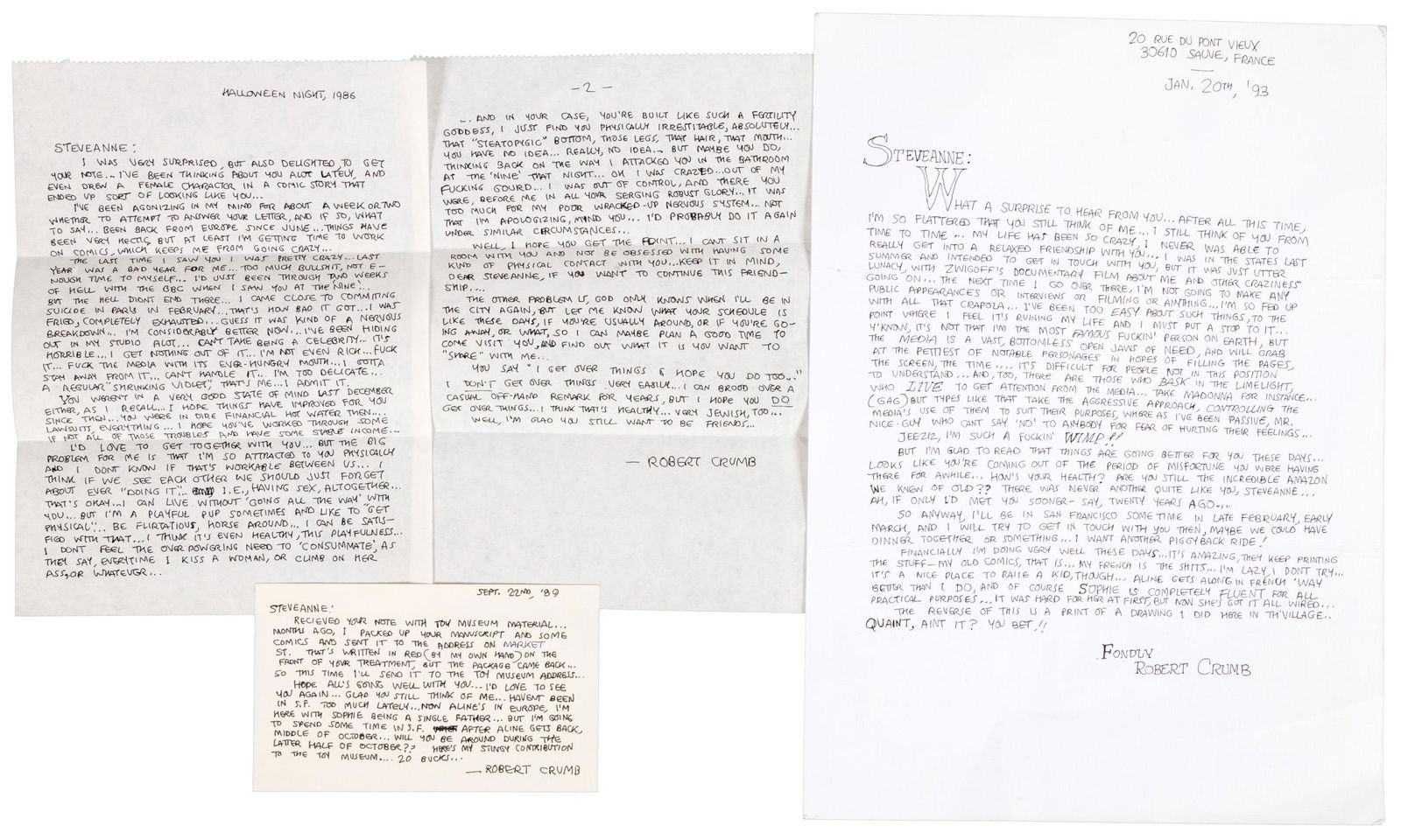 Lot of 3 ROBERT CRUMB Letters to Stevanne Auerbach, His Friend & Model (1 of 6)
