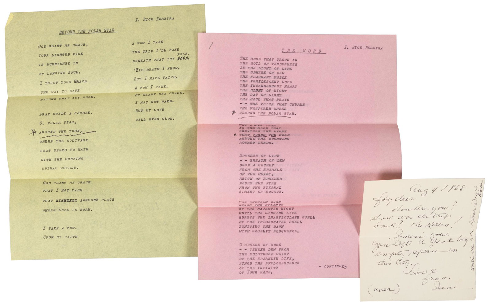 Two typescript poems by Irene Rice Pereira: Heading: Author: Pereira, Irene Rice Title: Two typescript poems with note to Foy Casper, Jr. Place Published: Publisher: Date Published: 1968 Description: 2 typescript po