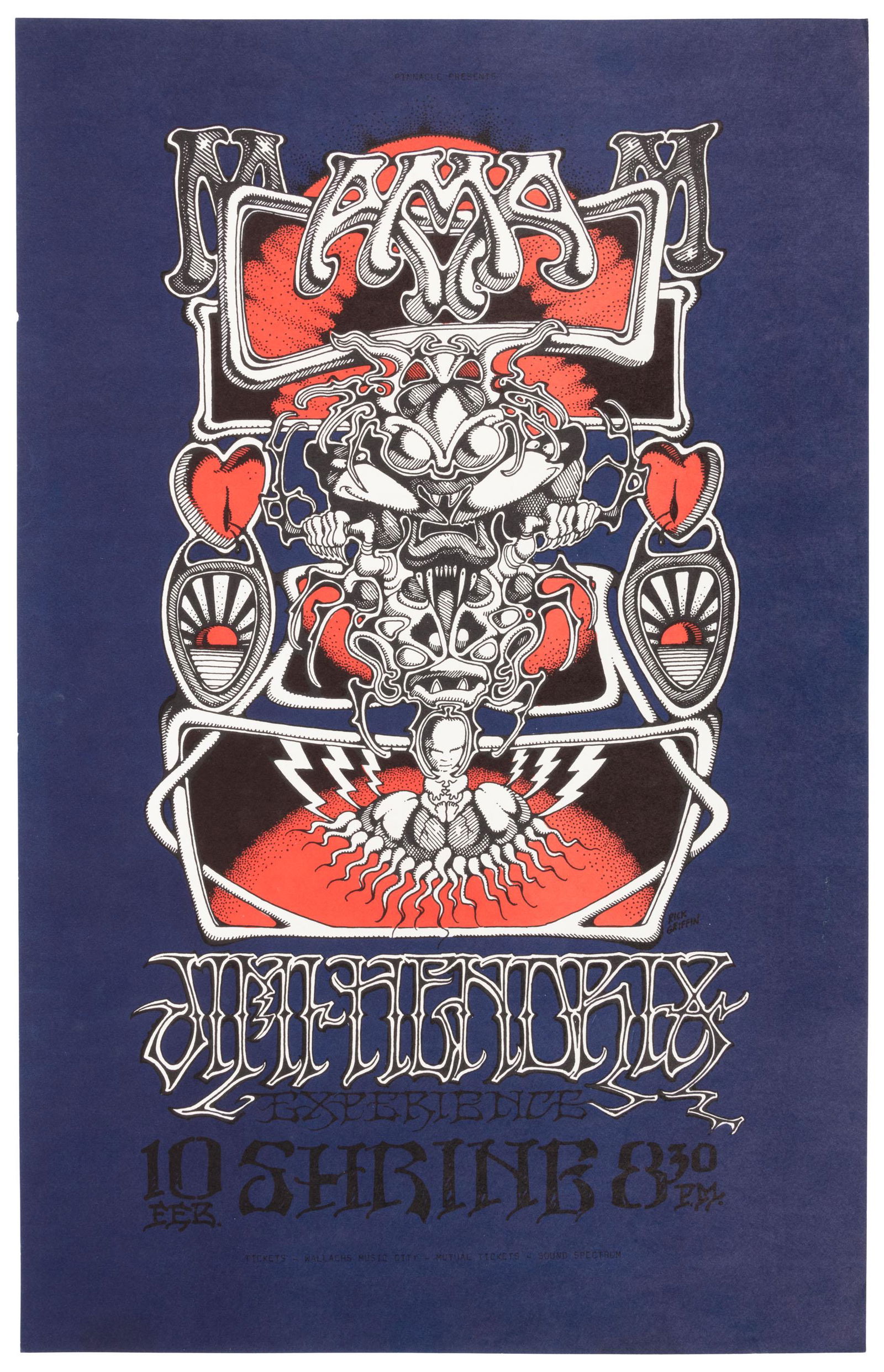 Jimi Hendrix Experience poster by Rick Griffin: Heading: (Griffin, Rick) Author: Title: Jimi Hendrix Experience Shrine Auditorium Concert Poster Place Published: Los Angeles Publisher:[California Graphics Exchange] Date Published: [1968]<