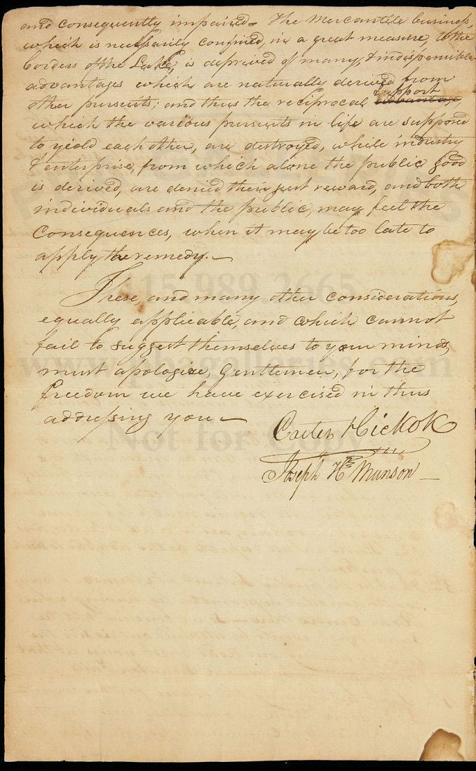 ALs advising route of Canada-Vermont Road 1800: Title: Autograph Letter signed by Carter Hickock & Joseph H. Munson, advising the government of Lower Canada on the best route for a turnpike to the Canada-Vermont border Author: Hickock, Carter & Jos