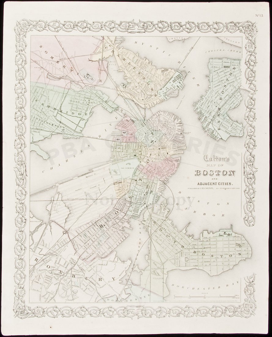 Colton's Map of Boston 1855: Title: Colton's Map of Boston and Adjacent Cities Author: Colton, J.H. Description: Lithographed map, hand-colored. 35x28 cm. (14x11") plus decorative border.Plan of the city prior to filling in the B