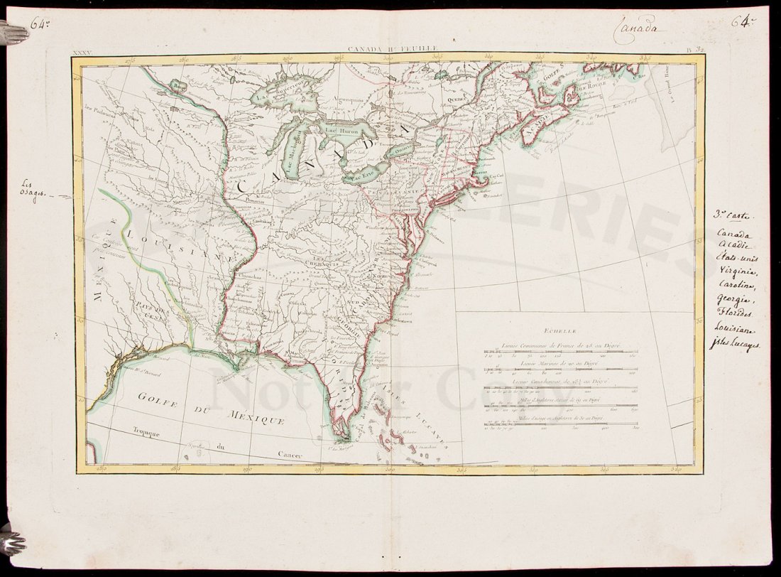 Bonne map of U.S. and part of Canada c.1770: Title: Canada IIe Feuille Author: Bonne, Rigobert Description: Copper-engraved map, hand-colored in outline. 30x45 cm. (12x17½").Despite the title, which is in the upper margin, the map shows the eas