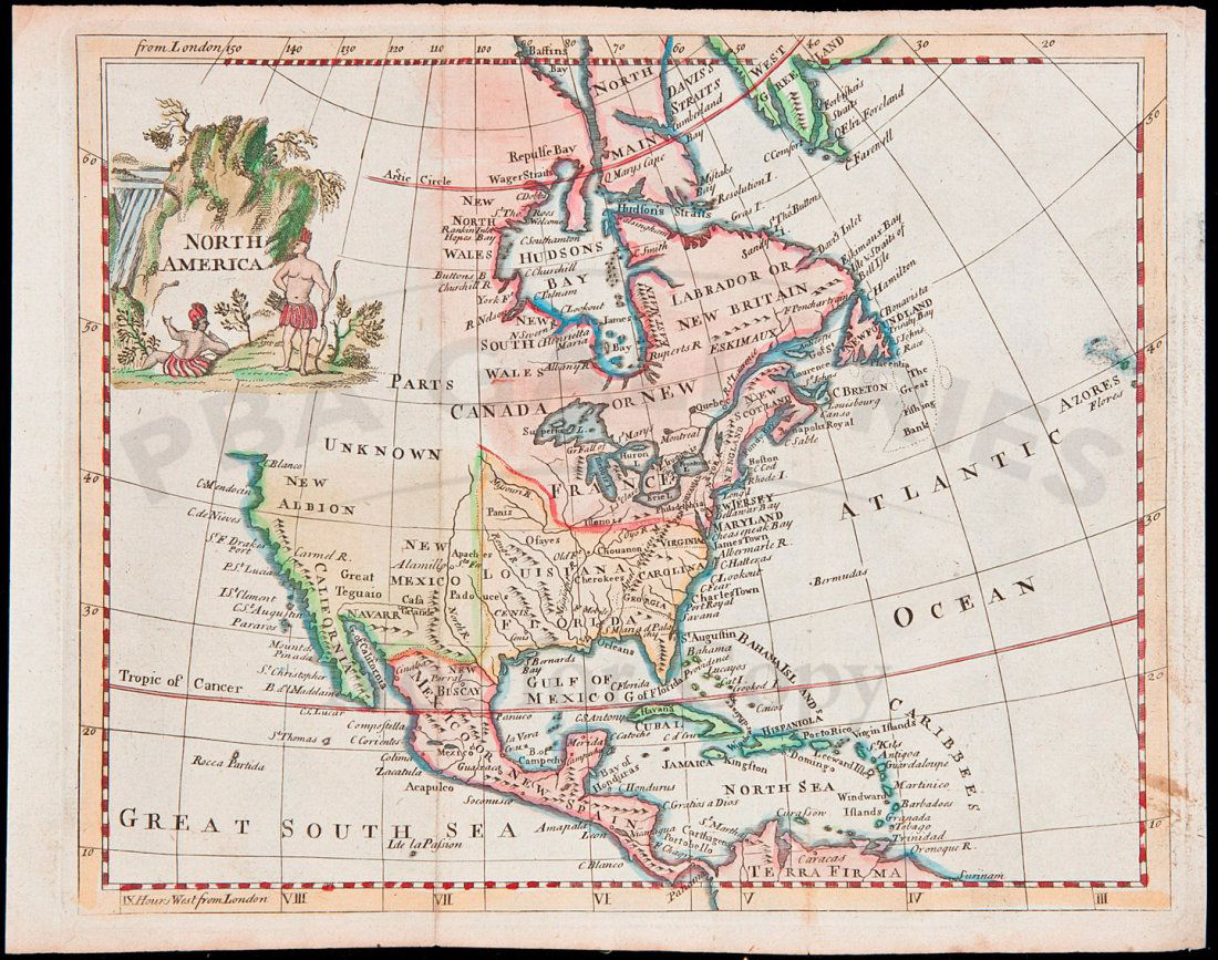 Map of North America by Jefferys c.1760: Title: North America Author: Jefferys, Thomas Description: Copper-engraved map, modern hand-coloring. 18.5x22.8 cm. (7¼x9").With a rather primitive pictorial cartouche in upper left featuring two Nat