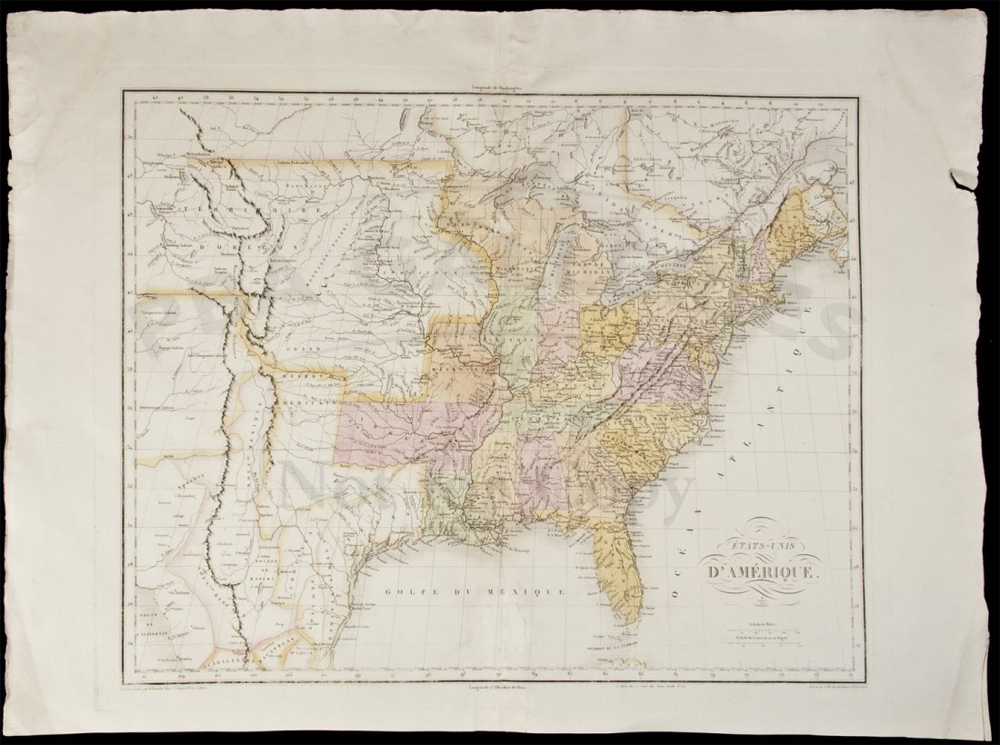 French map of U.S. derived from Melish: Title: Etats-Unis d'Amerique Author: Buchon, Jean Alexandre Description: Copper-engraved map, hand-colored. 42x53 cm. (16½x21").The United States derived from John Melish, published in Buchon's Atlas