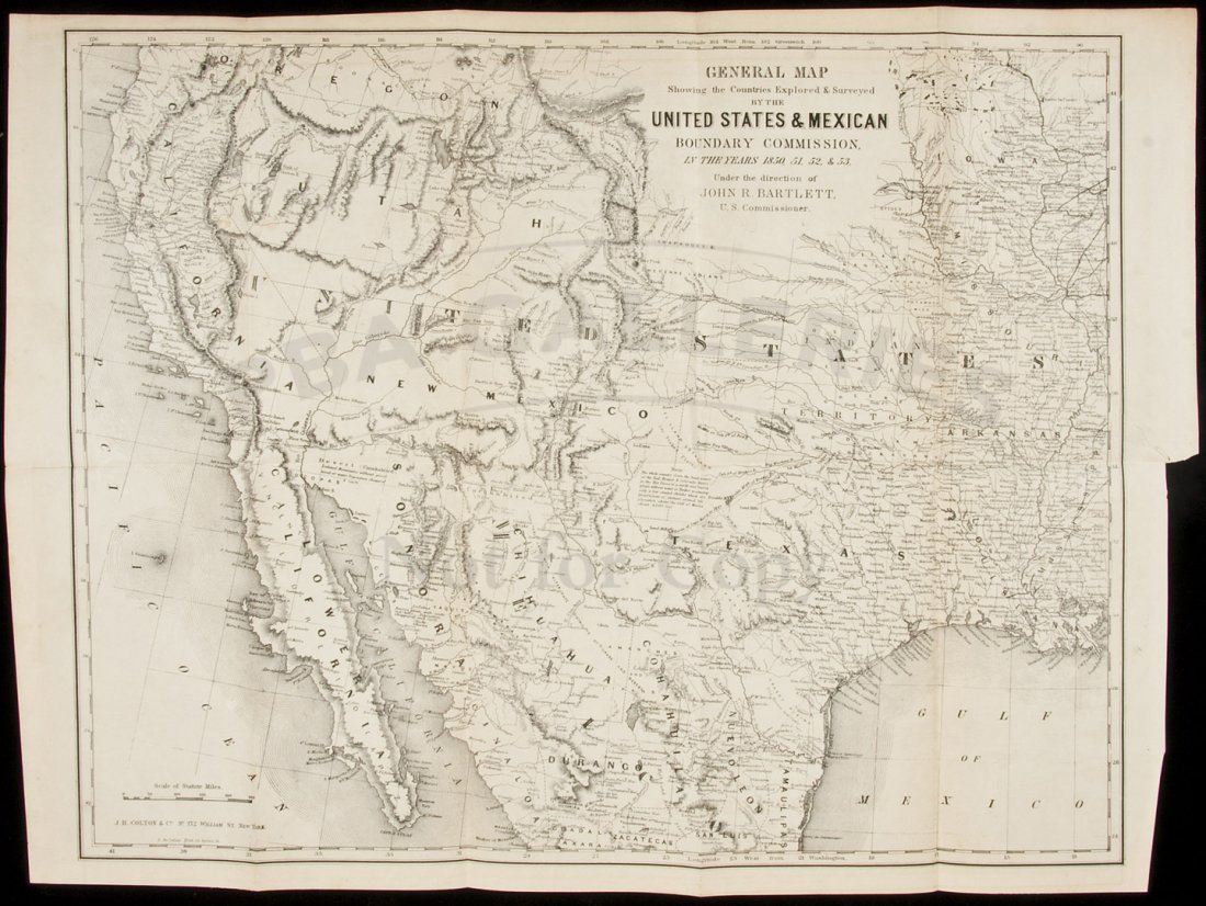 Bartlett map of U.S.-Mexican border 1854: Title: General Map Showing the Countries Explored & Surveyed by the United States & Mexican Boundary Commission, in the Years 1850, 51, 52 & 53, under the Direction of John R. Bartlett, U.S. Commissio