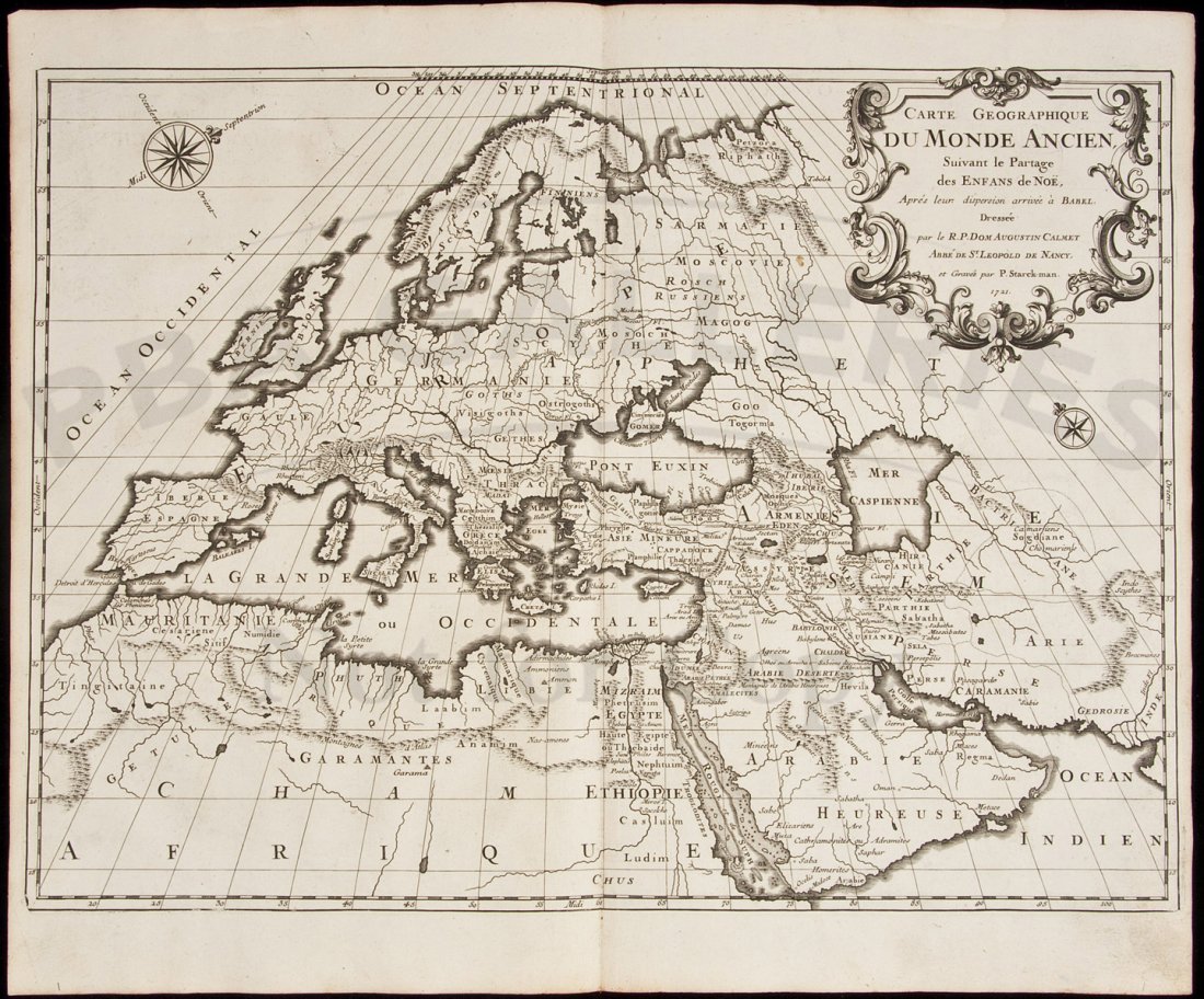 Map of Ancient World by Calmet 1722: Title: Carte Geographique du Monde Ancien Suivant le Partage des Enfans de Noe, apres leur Dispersion Arrivee a Babel Author: Calmet, Augustin Description: Copper-engraved map. 33x44 cm. (13x17½").Eu
