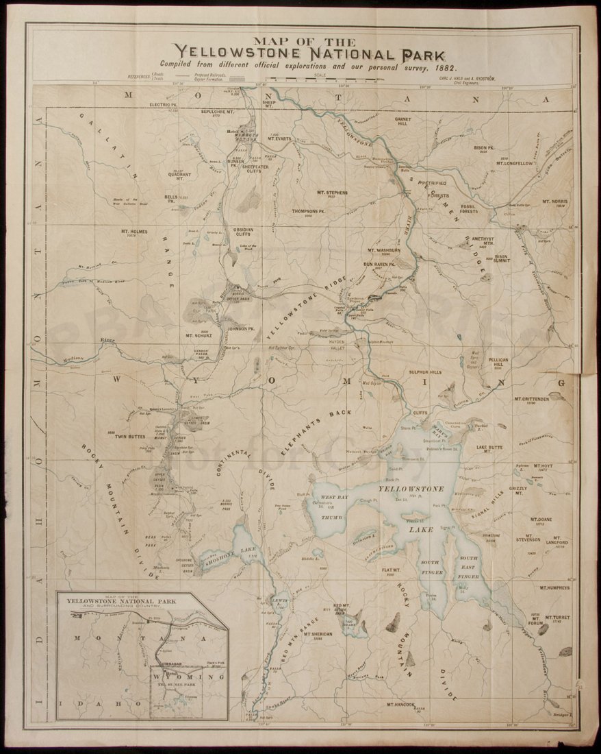 Map of the Yellowstone National Park 1882: Title: Map of the Yellowstone National Park Compiled from Different Official Explorations and our Personal Survey Author: Hals, Carl J. & A. Rydstrom Description: Color lithographed map. 60x46 cm. (23