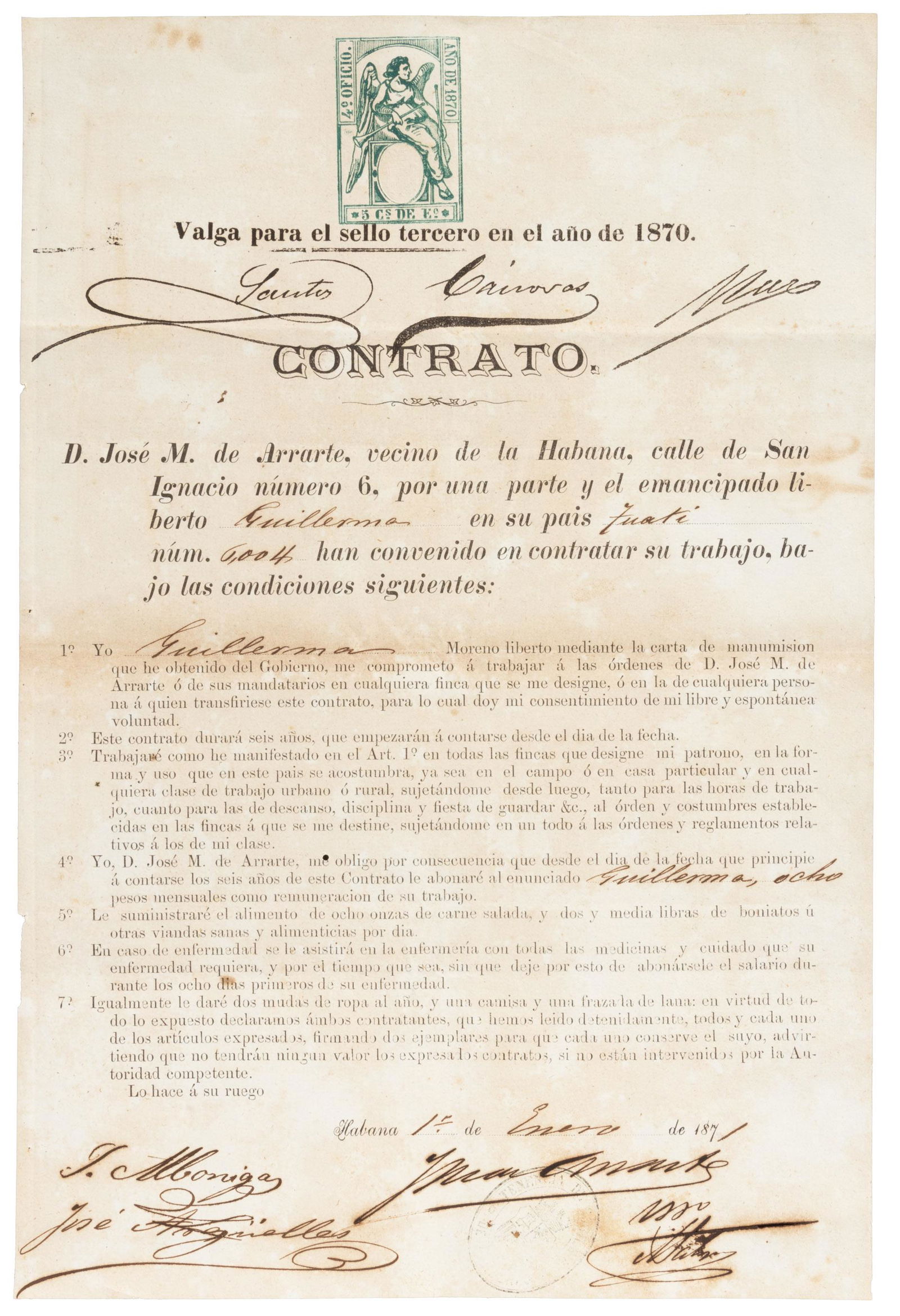 Cuban contract with emancipated black slave 1871 (1 of 2)