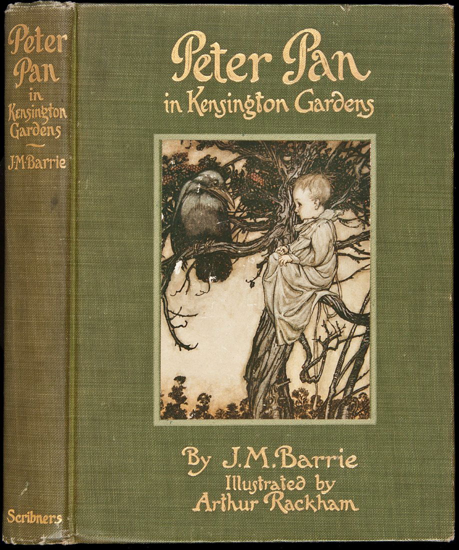 Peter Pan in Kensington Gardens Rackham Illus: Title: Peter Pan in Kensington Gardens Author: Barrie, J.M. Description: [x], 126 pp. 16 color plates by Arthur Rackham. (8vo) green cloth lettered in gilt, illustration mounted on front cover. Headin