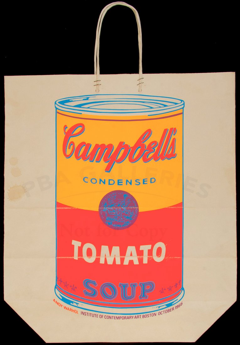 Warhol's Campbell's Soup Can screenprint bag: Title: Campbell's Tomato Soup Can - Screenprint on a shopping bag from the Institute of Contemporary Art, Boston Author: Warhol, Andy Description: Color screen-print in neon colors of Warhol's iconic