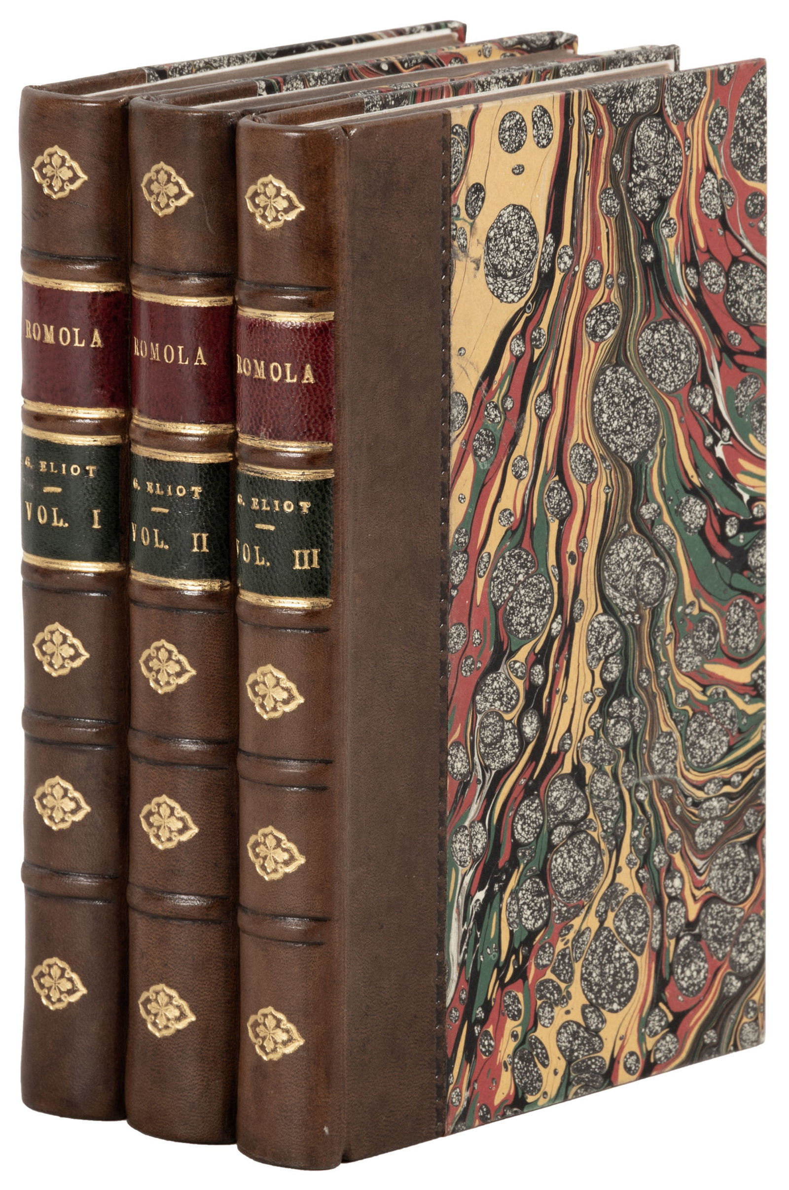 First Edition of Eliot's Romola: Heading: Author: Eliot, George Title: Romola Place Published: London Publisher:Smith, Elder and Co. Date Published: 1863 Description: 3 volumes. iv, 336; iv, 333, [1]; iv, 292