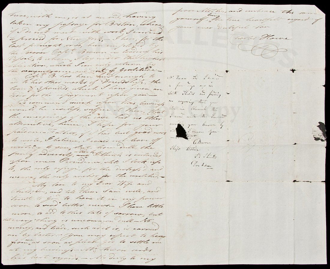 ALs from a man to his father about poor fortune: Title: Autograph Letter, signed regarding a man's journey to New Brunswick in search of fortune in the early 19th century Author: Howe, Charles Description: Autograph Letter, signed. 3 pp. 36.7x22.7 c