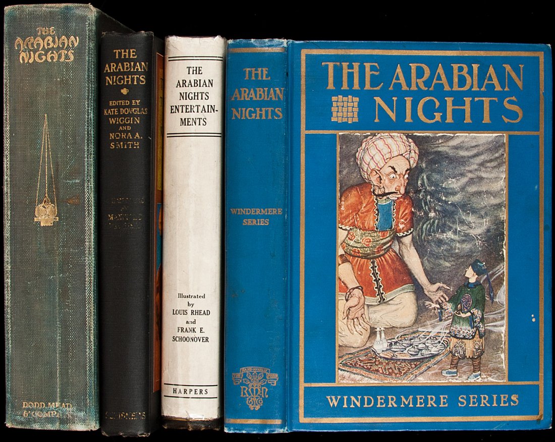 Four illustrated editions of Arabian Nights: Title: Four illustrated editions of Arabian Nights Author: ** Description: Includes: Illustrated with color tipped in illustrations by Rene Bull. Blue decorative cloth. Some faint soiling, moderate ru