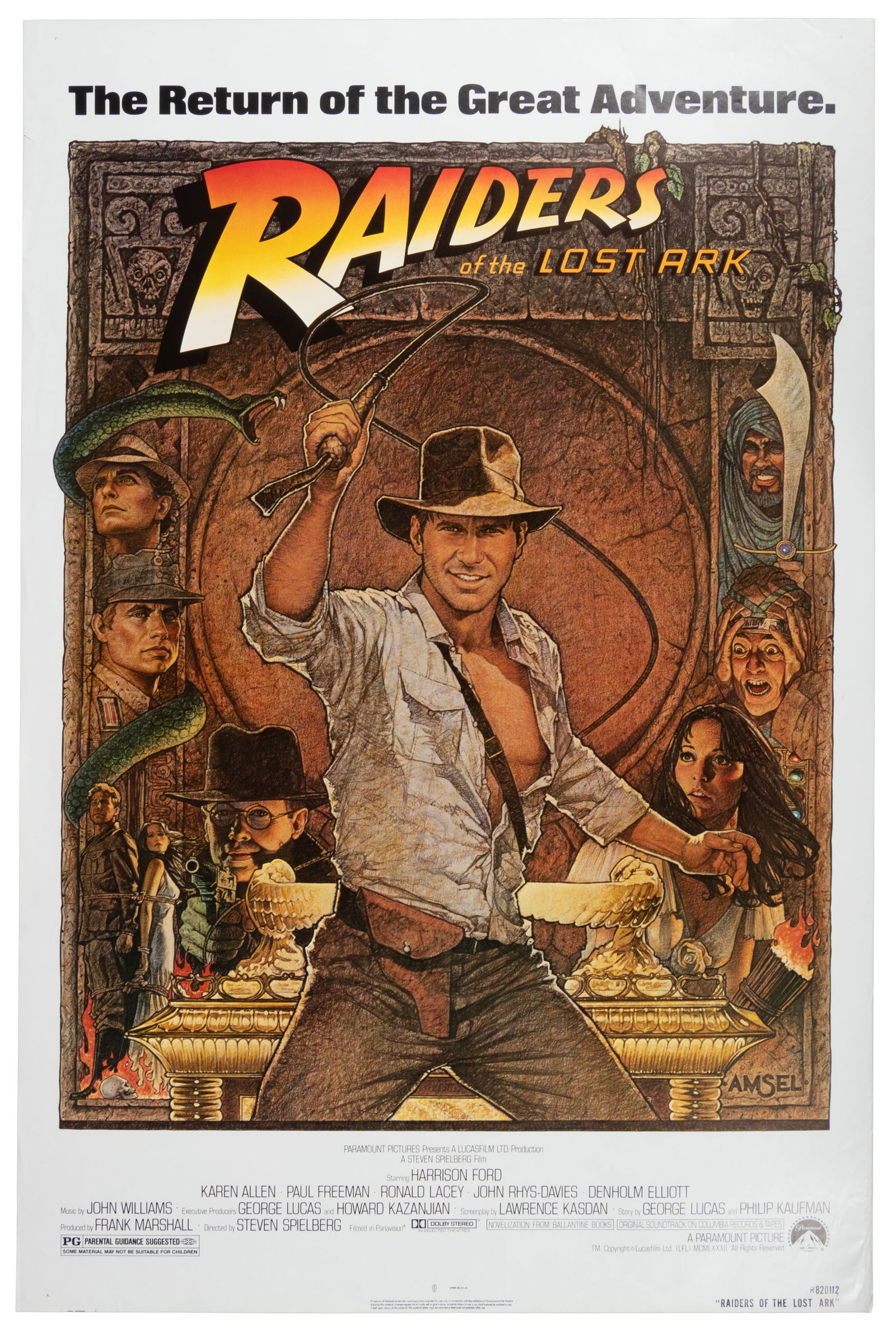 Raiders of the Lost Ark re-issue one sheet movie poster: Heading: (Film Posters - Indiana Jones) Author: Title: Raiders of the Lost Ark Place Published: Publisher: Date Published: [1982] Description: One sheet movie poster. 104x69 cm (4