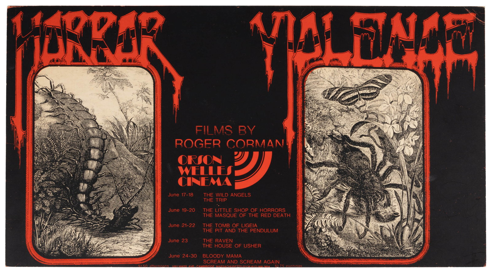 Roger Corman film fest poster by Alton Kelley: Heading: (Rock Posters) Author: Kelley, Alton, artist Title: Horror & Violence: Films by Roger Corman Place Published: Cambridge, MA Publisher:Orson Welles Cinema Date Published: [1970]
