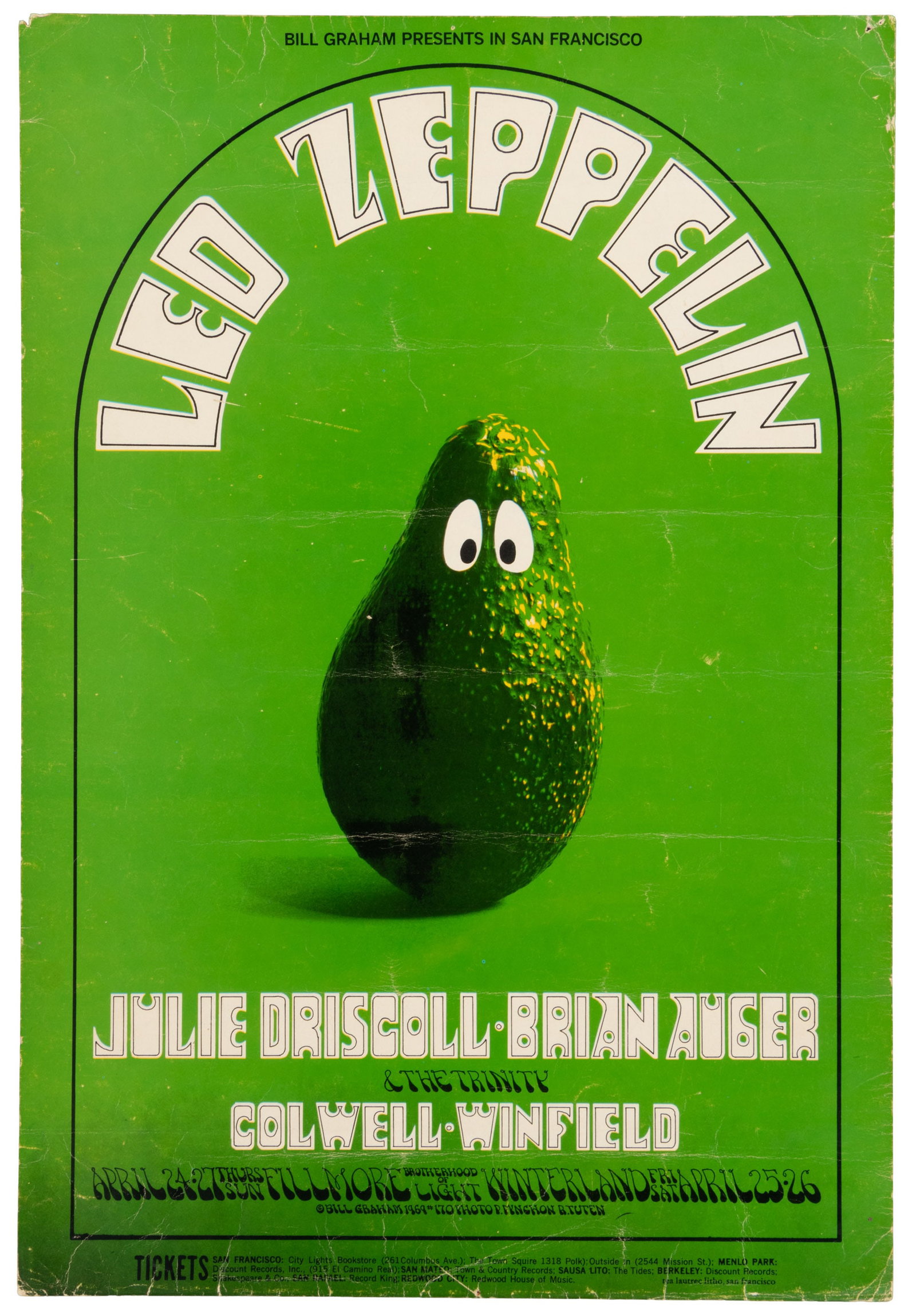 Led Zeppelin avacado poster 1969: Heading: (Rock Posters) Author: Tuten, Randy and Peter Pynchon Title: Led Zeppelin, Julie Driscoll at the Fillmore & Winterland 1969 Place Published: San Francisco Publisher:Bill Graham Presents