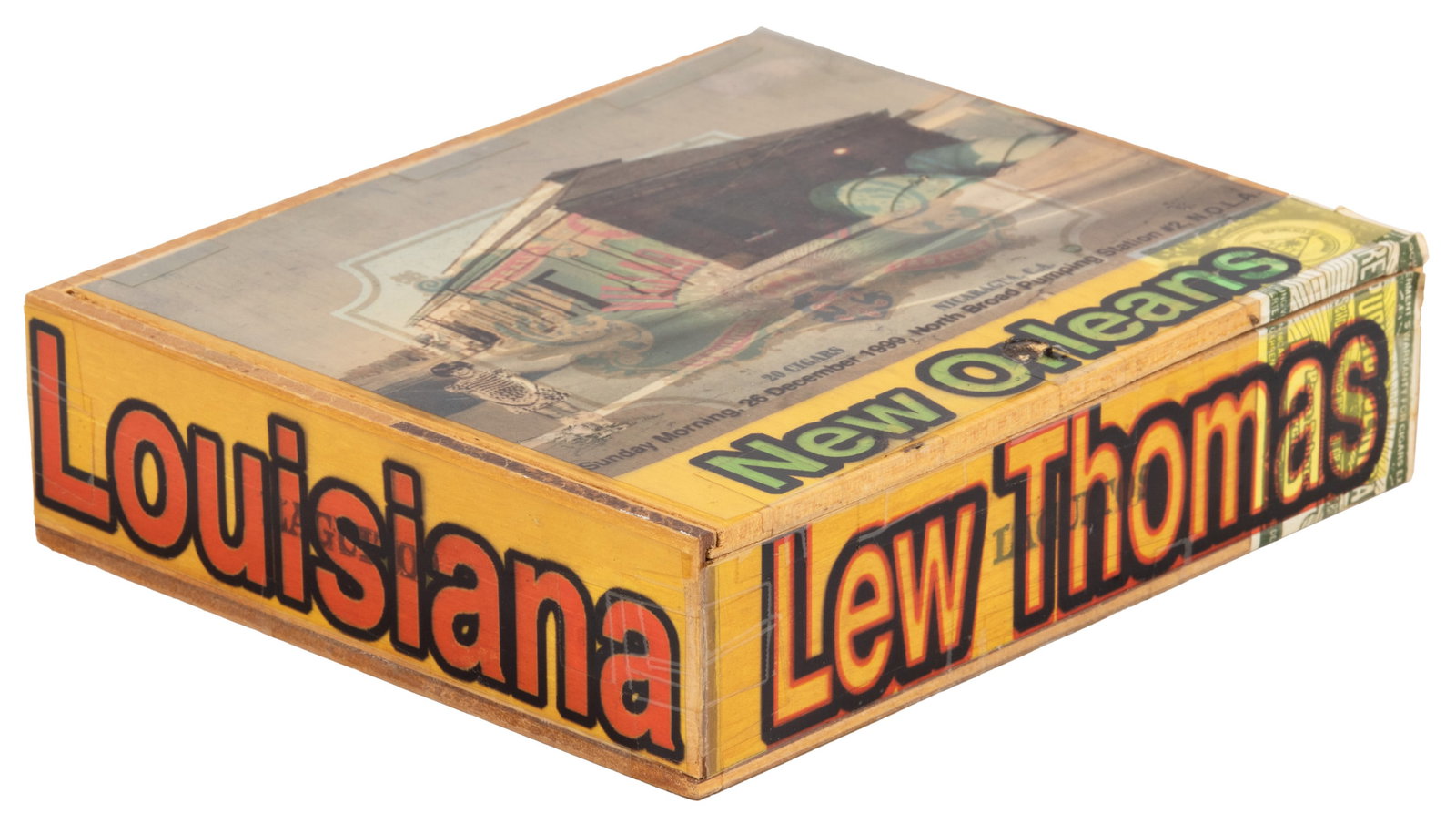 Tomas Lew New Orleans cigar box assemblage: Heading: Author: Thomas, Lew Title: New Orleans Place Published: Publisher: Date Published: c.1990s Description: Mixed media assemblage. 26x21.5x6.5 cm (10¼x8½x