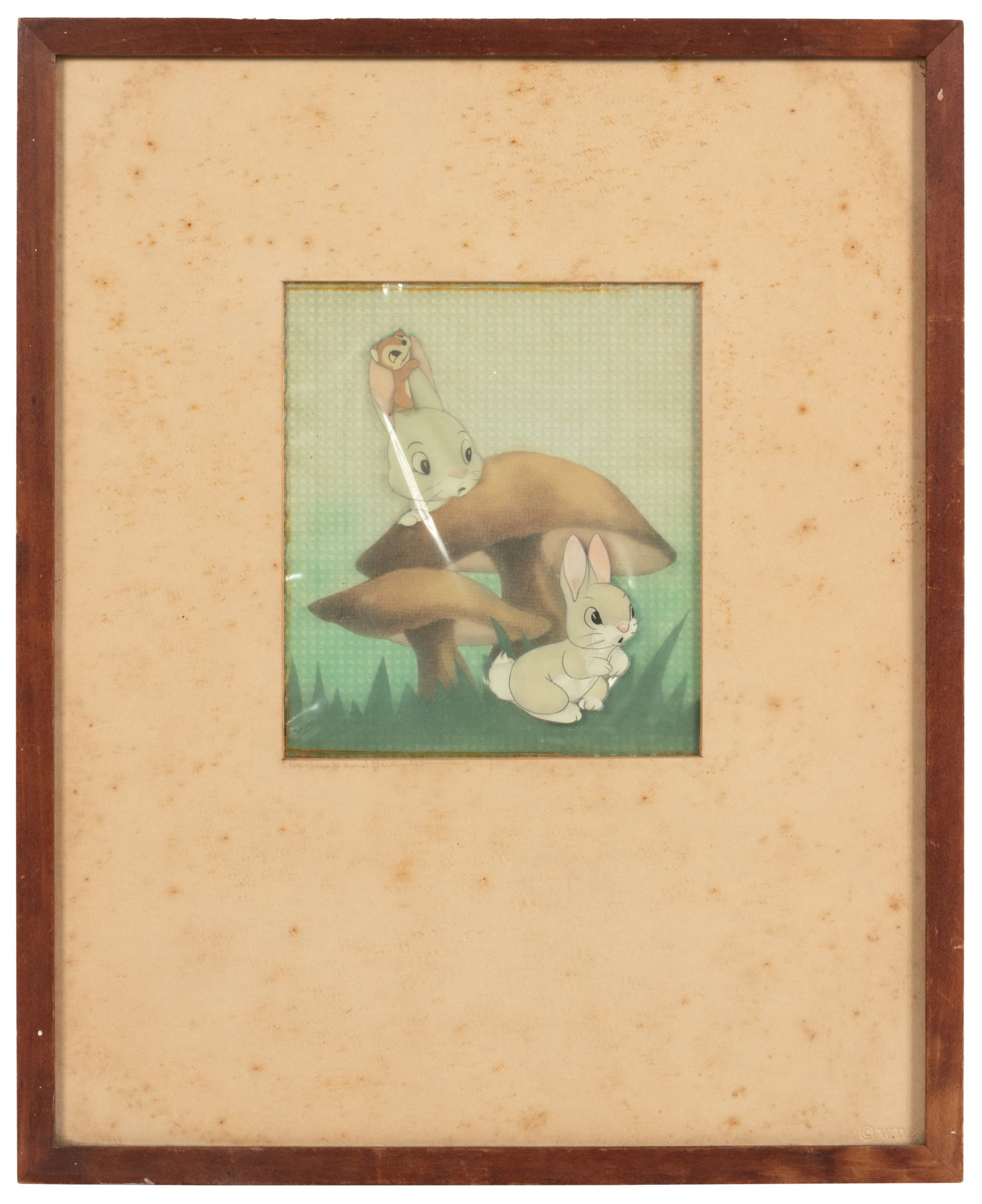 Painted Cel of Bunnies from Disney's Snow White: Heading: (Walt Disney) Author: Title: Bunnies #95 Place Published: Publisher: Date Published: c. 1937 Description: Original painting on celluloid. Framed and matted, image: 16x14