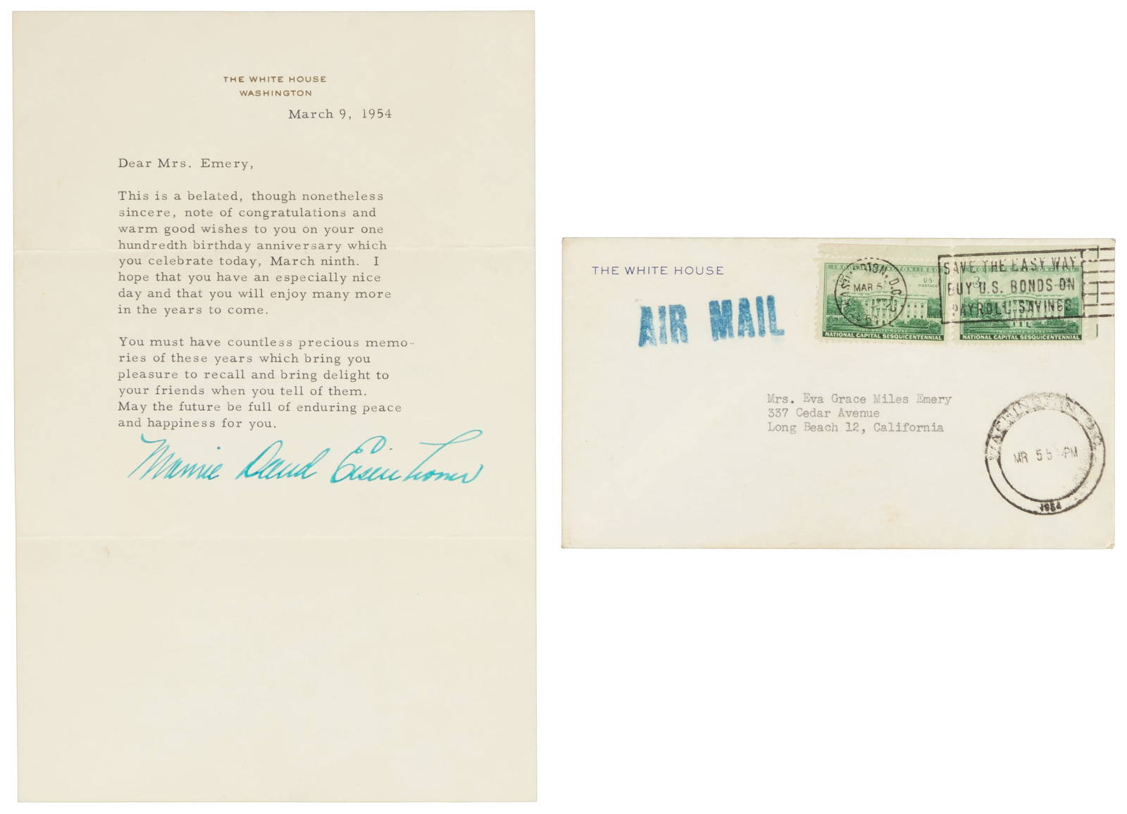 Tls By Mamie Doud Eisenhower As First Lady Auction