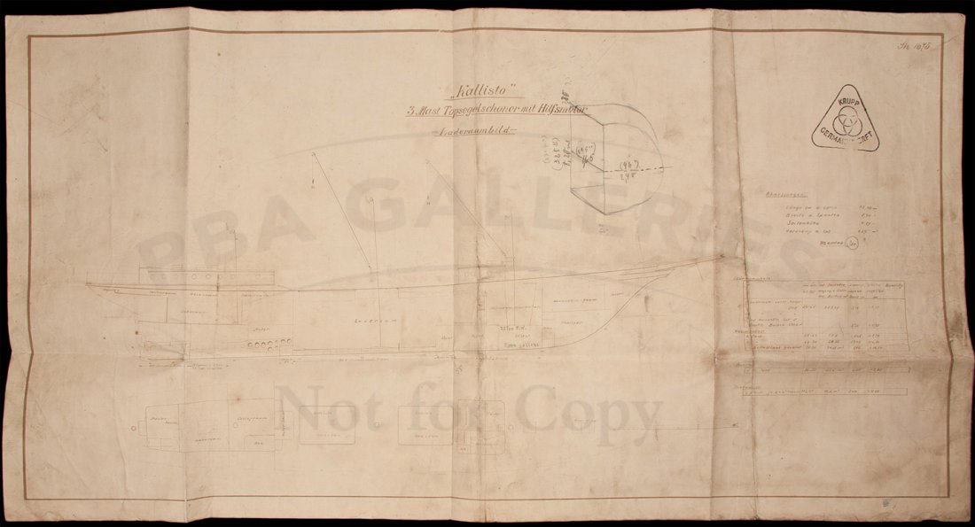 4 ship plans for Zane Grey's yacht Fisherman II: Title: Four original ship plans for Zane Grey's yacht Fisherman II Author: ** Description: 4 ship plans, prepared by the German Arms maker Krupps. The largest is 52x151.7 cm. (20½x65¾") and has a La