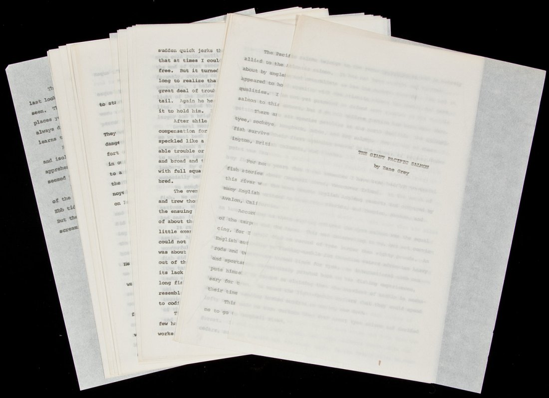 Typescript for "The Giant Pacific Salmon" by Grey: Title: Typescript for "The Giant Pacific Salmon" Author: Grey, Zane Description: 30 pp., plus cover page, typed pages.The lot also includes: Receipt for Zane Grey at the Hotel Stonehurst in Auckland, 