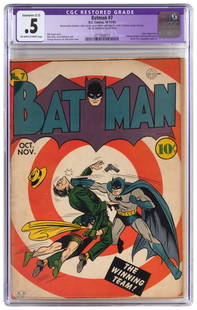 BATMAN #7 * Dynamic Duo vs The JOKER: Heading: Title: BATMAN No. 7 Publisher:DC [Indicia: Detective Comics, Inc.] Date Published: October-November, 1941 Description: CGC certified: Poor (0.5). Purple label: Restored (C-5). Off-white