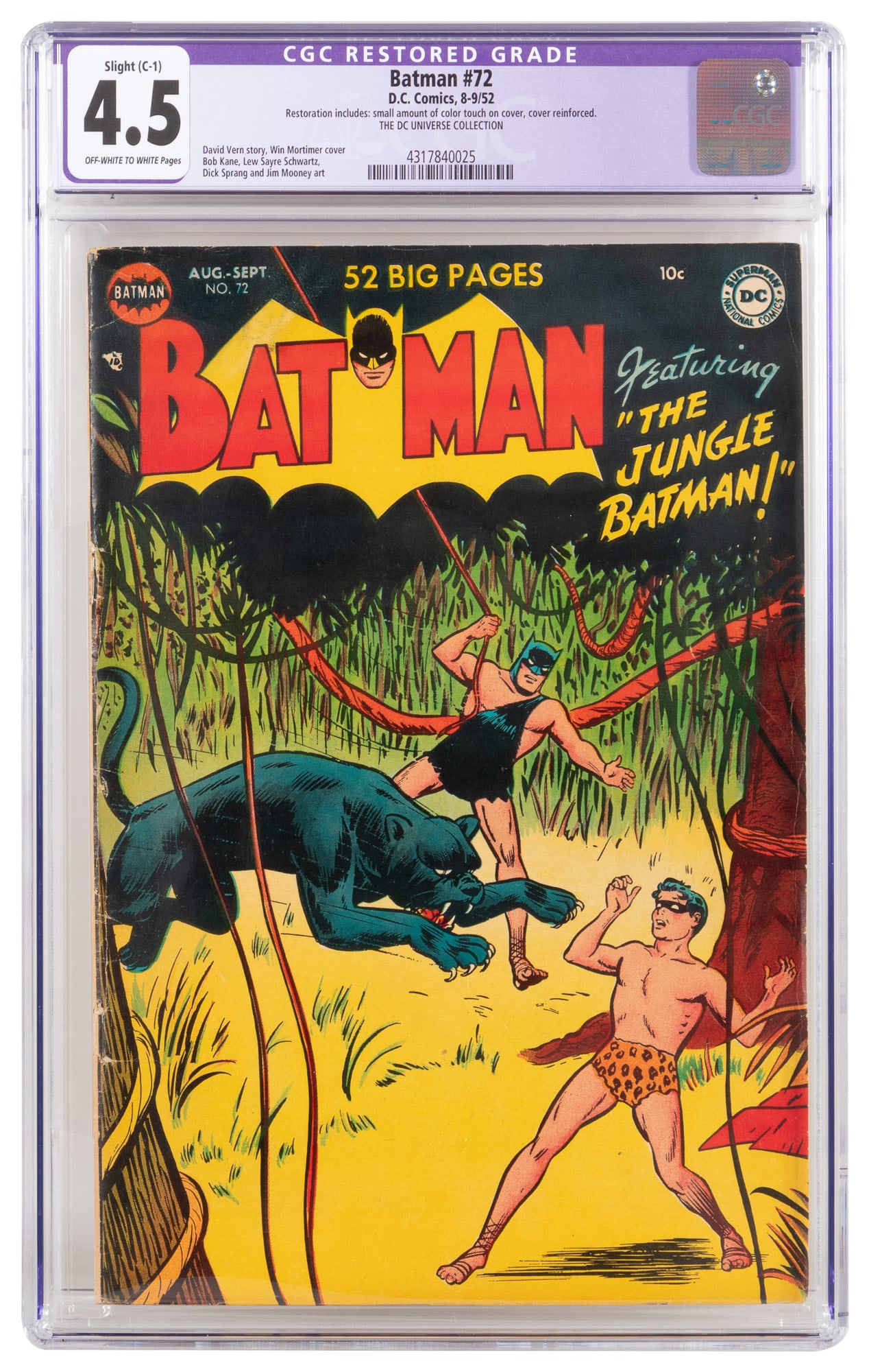 BATMAN #72 * CGC 4.5 Restored * Batman's Semi-Suicide * Revived by Robin * Batman Bashes Biff * DC (1 of 2)
