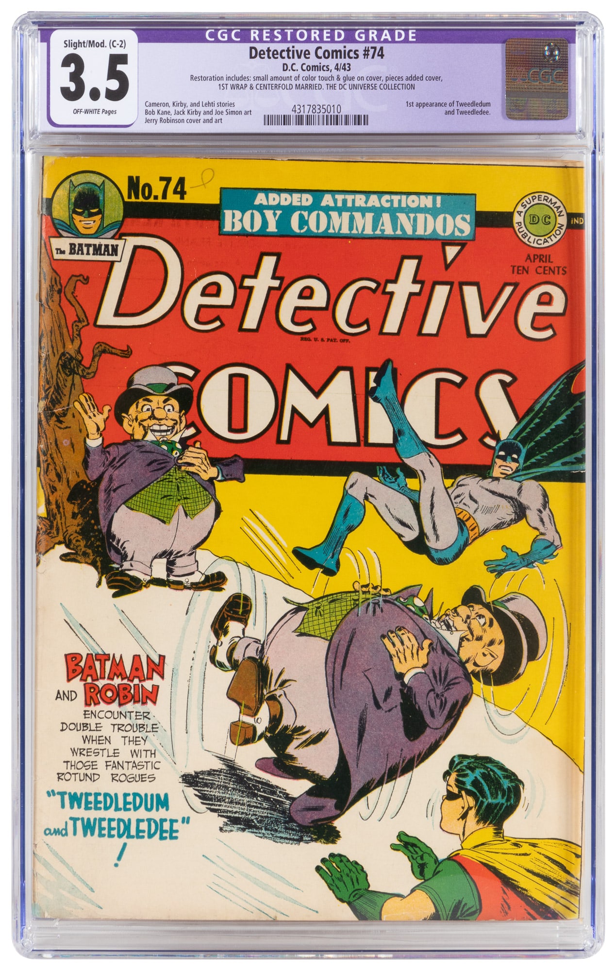 DETECTIVE COMICS #74 * CGC 3.5 Restored * 1st Tweedledum & Tweedledee * DC Universe Collection (1 of 2)