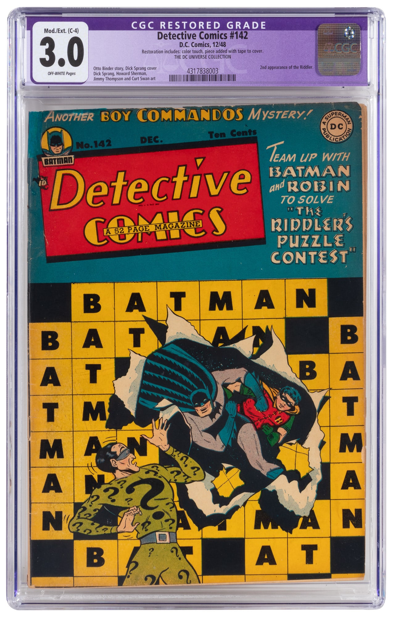 DETECTIVE COMICS #142 * CGC 3.0 Restored * 2nd RIDDLER Appearance * DC Universe Collection (1 of 2)