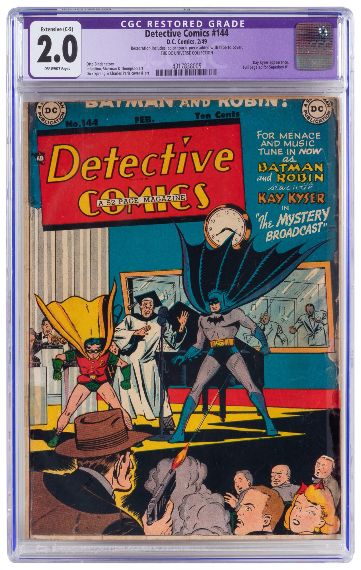 DETECTIVE COMICS #144 * CGC 2.0 Restored * Batman's Battle of the Bandleaders * DC Universe (1 of 2)