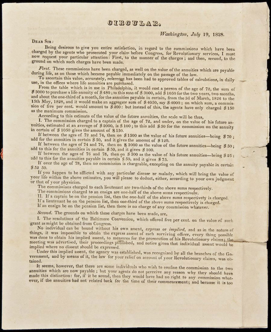 Aaron Ogden, famed supreme court defendant: Title: Printed and manuscript 'Circular' letter, signed Author: Ogden, Aaron Description: 3 pages with manuscript additions on third page. Approximately 9¾x8".With integral addressing to Giles Curtis