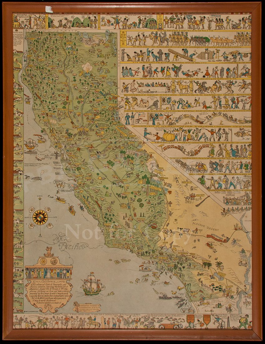 Jo Mora's California whimsical Carte of Topograph: Title: California. This whimsical Carte of Topographic and Historic intention, depicting that fabled Isle of Montalvo's dream-the El Dorado of '49-the glorious California we know and love... Author: M