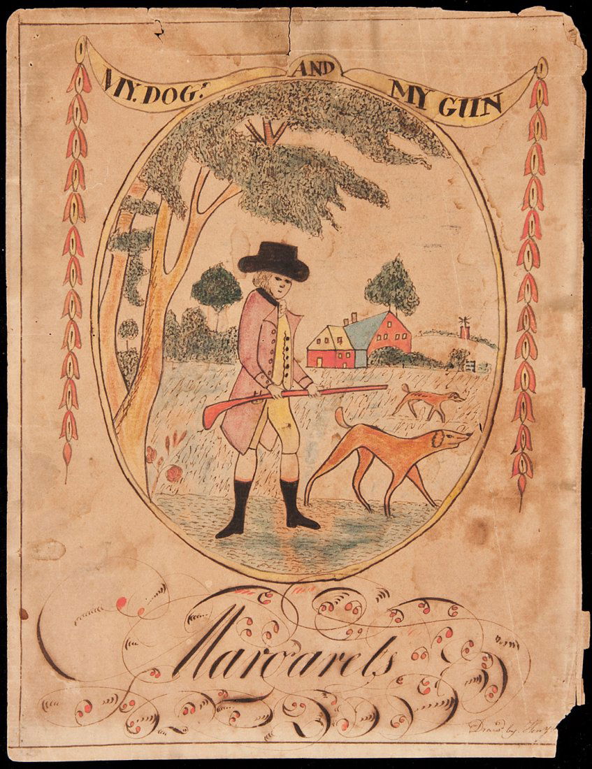 Early American paper sampler: Title: "My Dog and My Gun" - early American paper sampler depicting a hunting scene Author: ** Description: Ink & watercolor on paper. 23x17.5 cm. (8¾x7").Rare example of early American folk art, a h