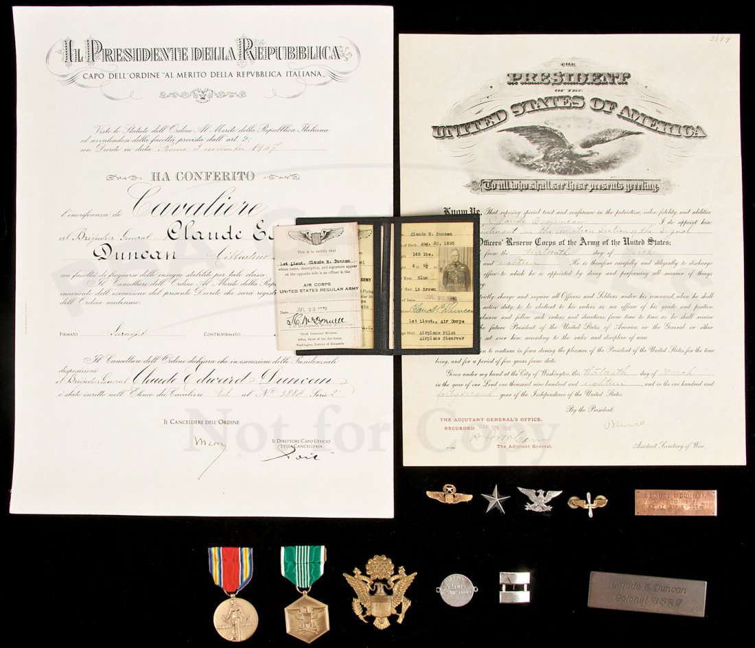 World War I Aviator Archive: Title: Archive relating to Claude Edward Duncan, an aviator with the U.S. Signal Corps in World War I, who rose to general and saw service in World War II and the Korean War Author: ** Description: In