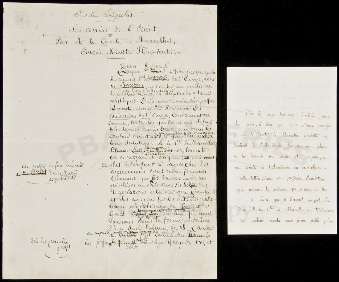 French diplomat who save the Venus de Milo: Title: "Pour le Prospectus, Souvenirs de l'Orient, Par M. Le Comte de Marcellus. Ancient Ministre Plenipotentiare" Author: Comte de Marcellus Description: French Manuscript draft, unsigned, but undoub