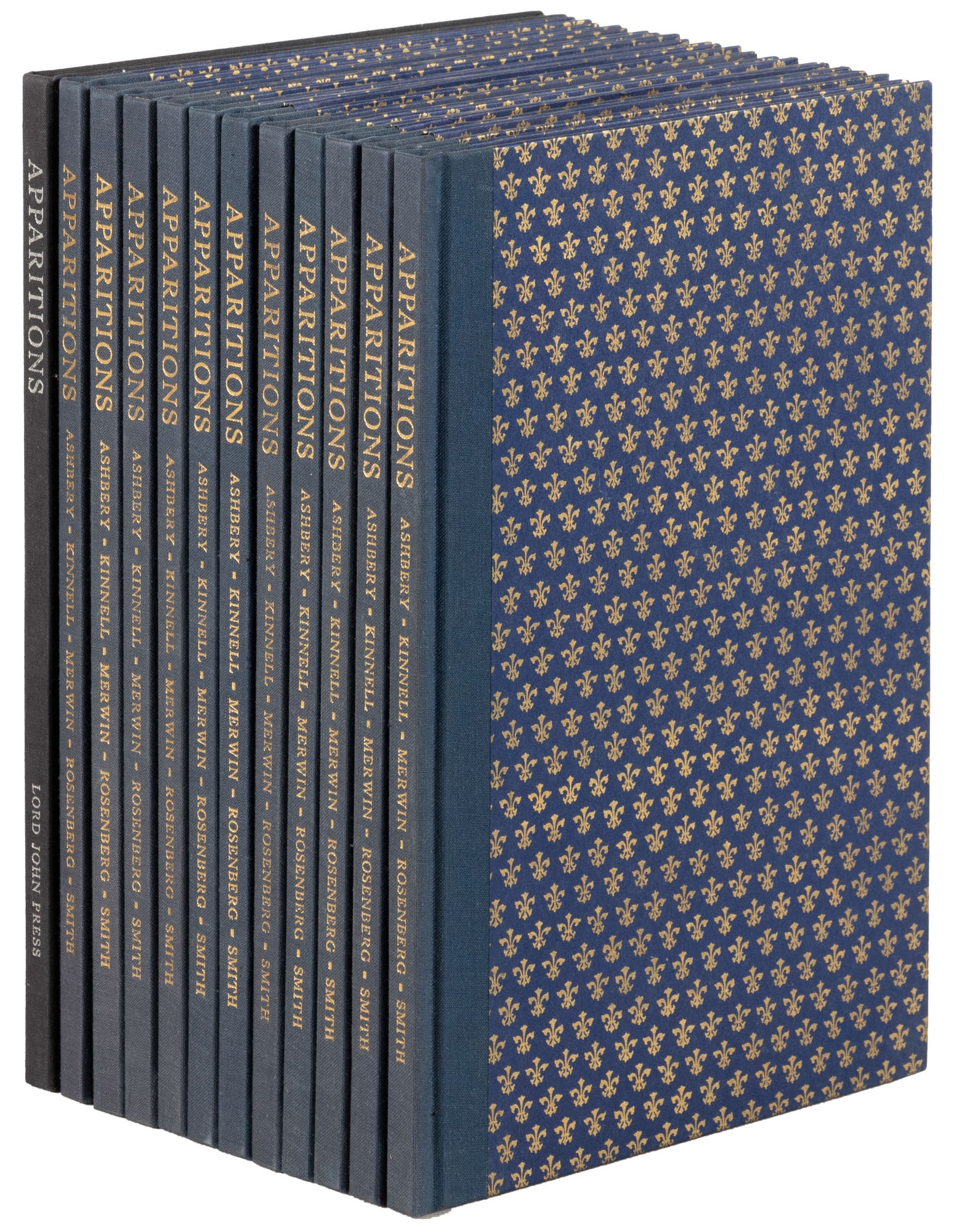12 copies, signed by Ashbury, Merwin, et al.: Heading: Author: Ashbery, John et al. Title: Apparitions: Poems by John Ashbery, Galway Kinnell, W.S. Merwin, L.M. Rosenberg, Dave Smith Place Published: Northridge, CA Publisher:Lord John Press