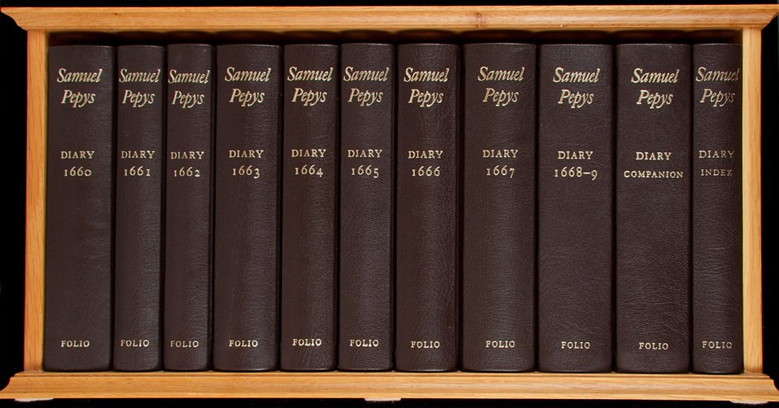 Pepys Diary 11 volumes with wooden box: Title: The Diary of Samuel Pepys Author: Pepys, Samuel Description: 11 volumes including Index. A new and complete transcription edited by Robert Latham and William Matthews. Color frontispieces from 