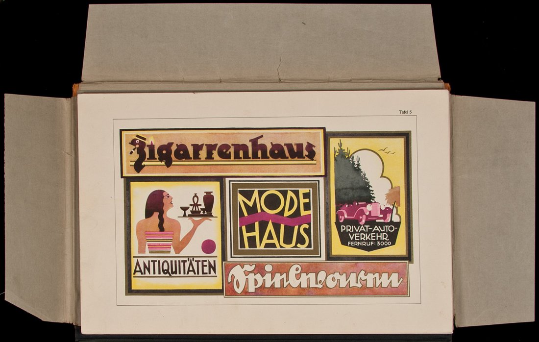 Scarce work on sign painting with color plates: Title: Neue Shilder-Malereien, Vorlagen für Zeitgemässe Firmenschilder Laden und Wand Aufschriften Author: Brodersen, H.H., et al Description: 2 preliminary leaves and 23 (of 24) color plates, loose