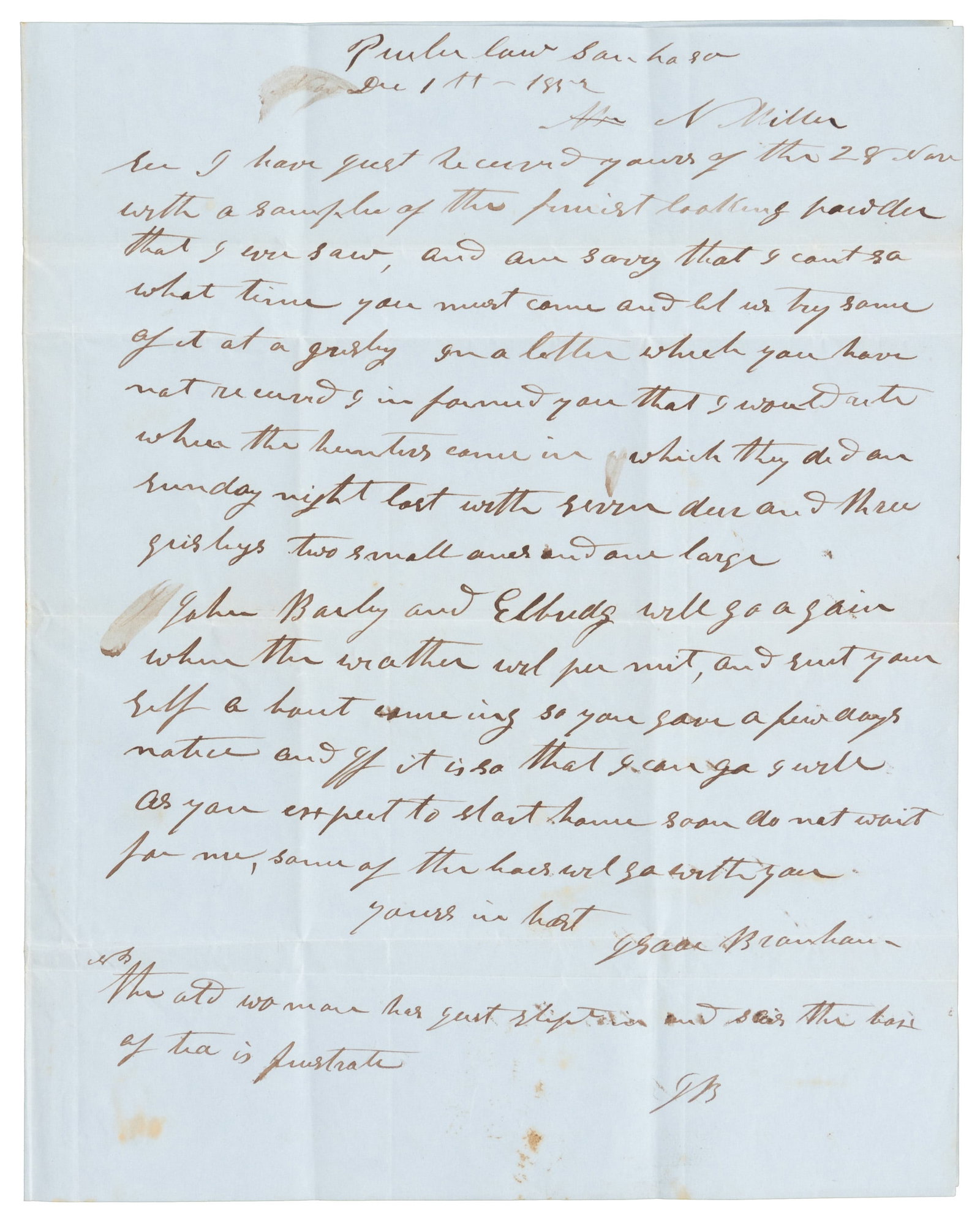 Letter from CA pioneer to associate, 1852: Heading: (California) Author: Branham, Isaac Title: Letter from Isaac Branham to N. Miller Place Published: Publisher: Date Published: 1852 Description: Single page. 25.5x40 cm (10