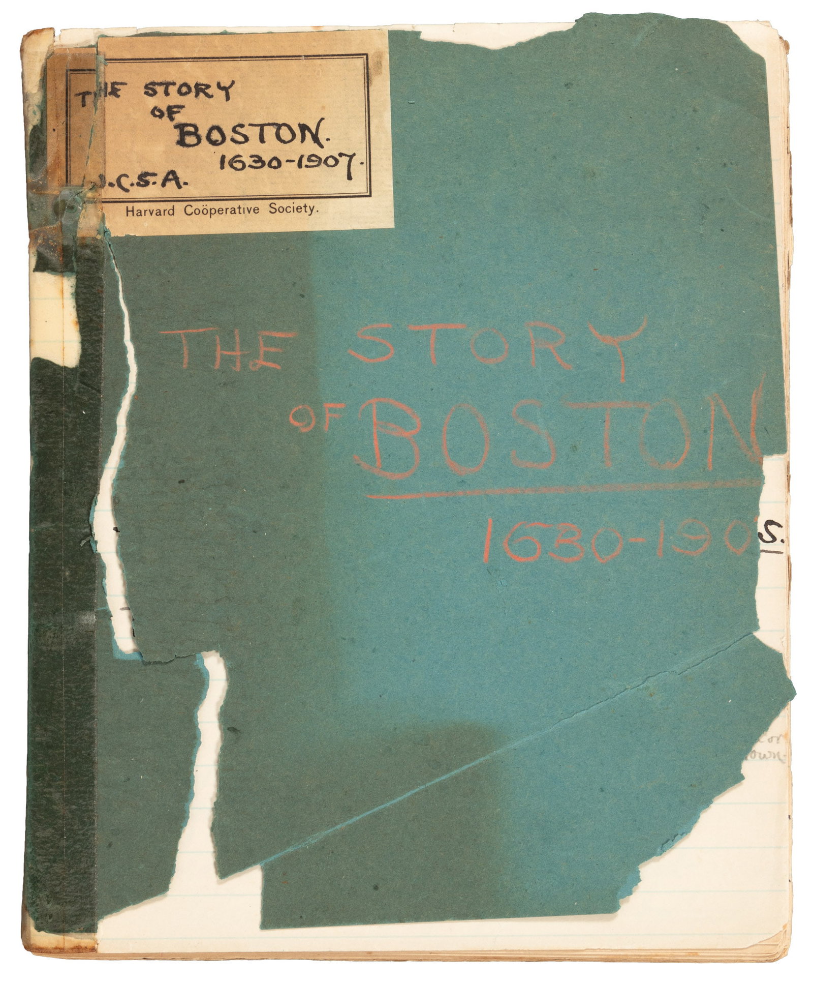 Story of Boston 1630-1907, manuscript: Heading: (Massachusetts) Author: J.C.S.A. Title: The Story of Boston, 1630-1907 Place Published: Publisher: Date Published: c.1907 Description: 56 leaves. Manuscript on paper. 21x1