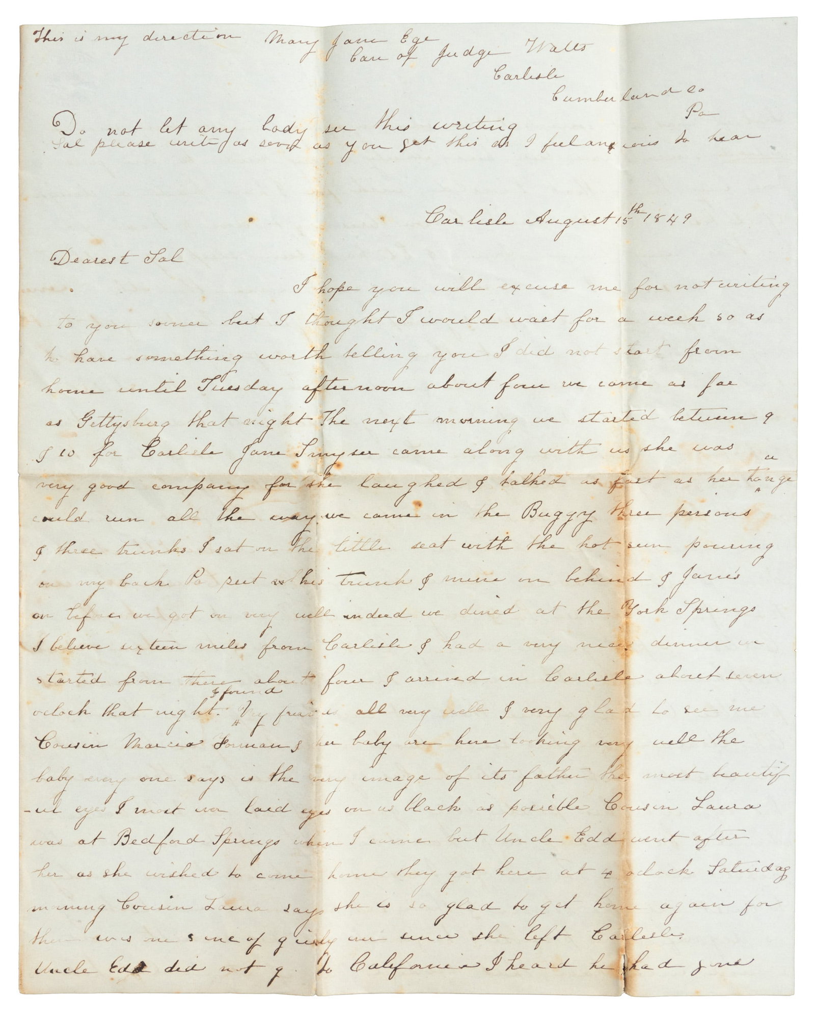 Teenaged girl meets sickly President Taylor: Heading: (1849 - Zachary Taylor) Author: Ege, Mary Jane Title: Letter about sickly President Taylor a year before his death Place Published: Carlisle, Pennsylvania Publisher: Date Published:
