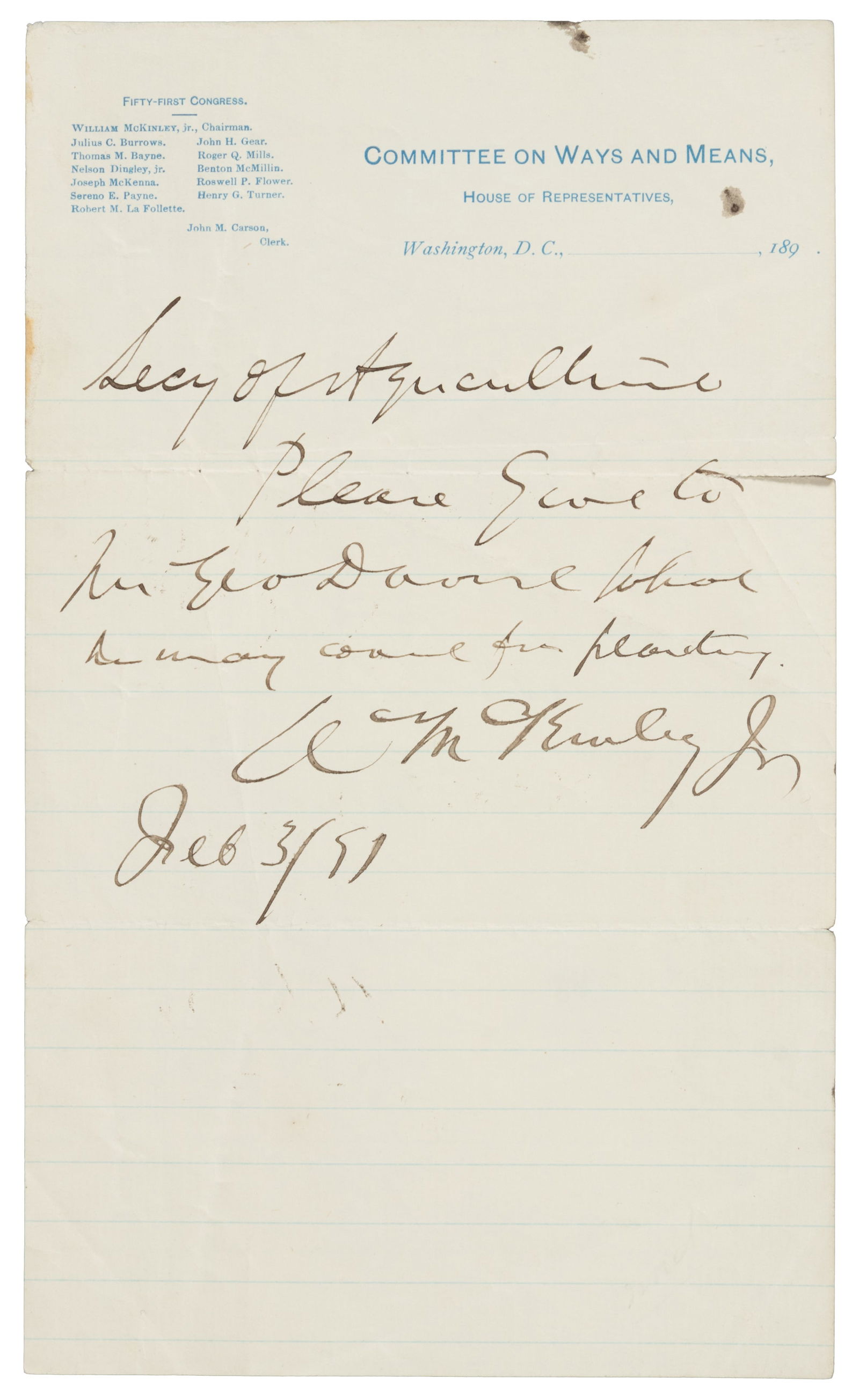 Signed by McKinley as Representative 1891 (1 of 1)