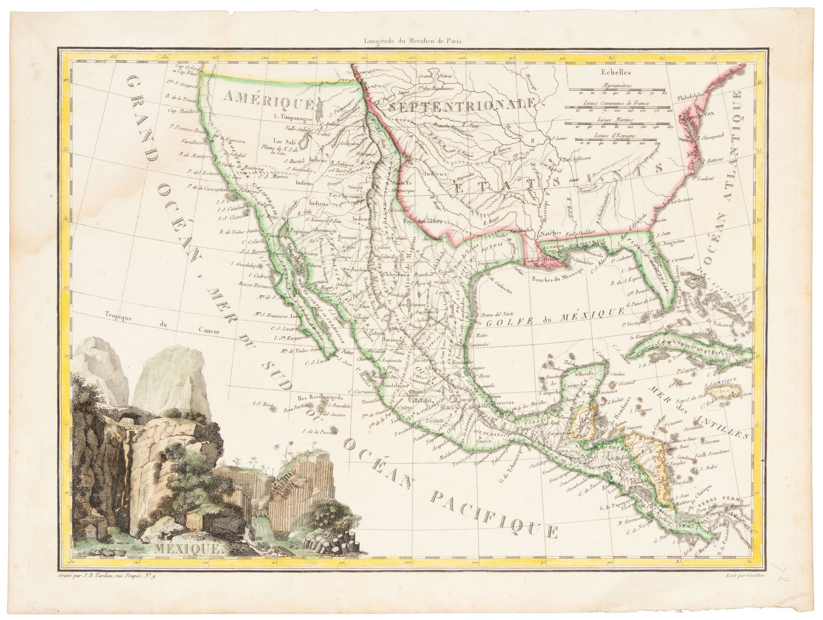Engraved map with vignette of a Mexican canyon: Heading: (America) Author: Giraldon Title: Mexique Place Published: No place Publisher: Date Published: [c.1812] Description: Copper-engraved map, engraved by J.B. Tardieu, hand-col