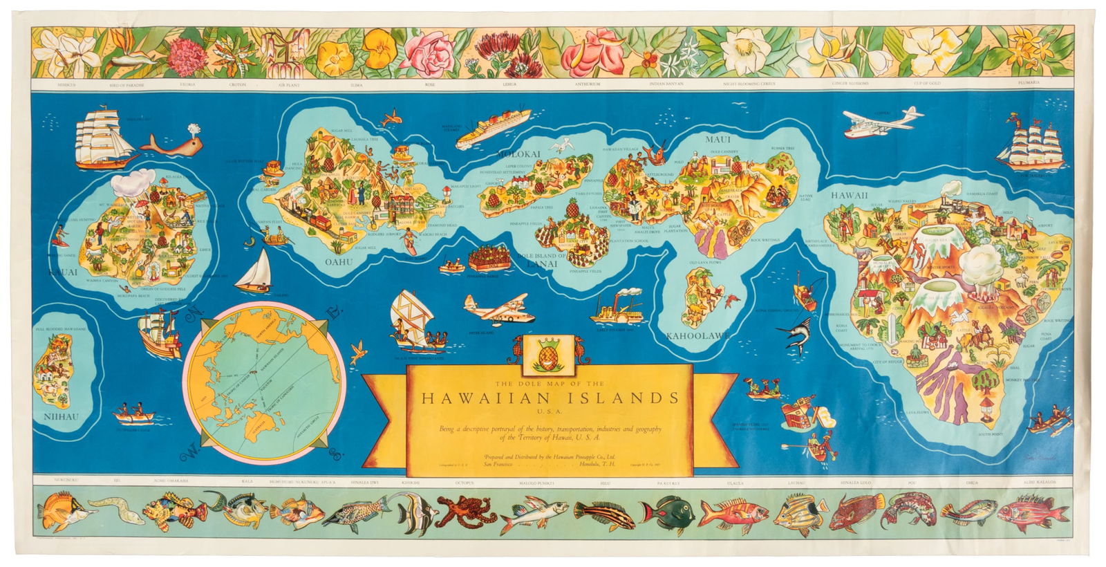 1937 color pictorial map of Hawaiian Islands (1 of 7)