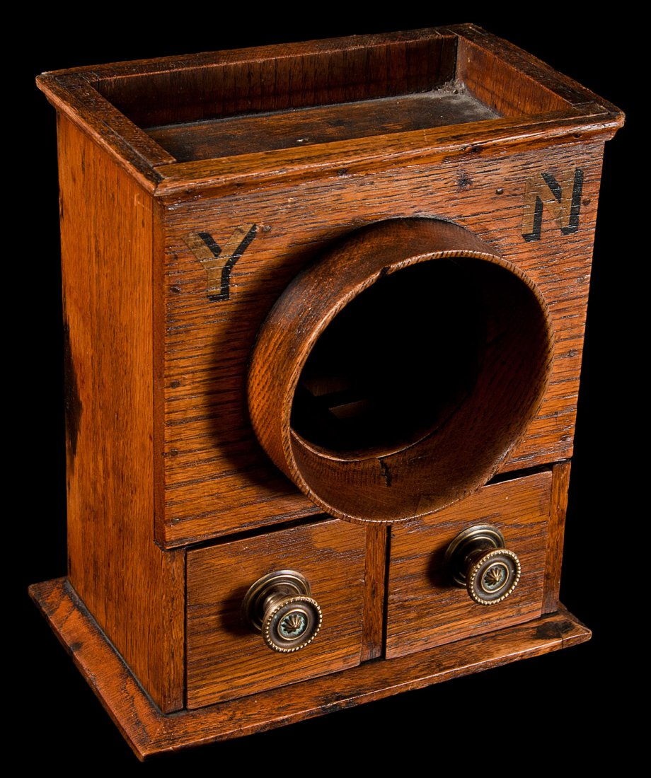 Antique wooden ballot box for golf club: Title: Antique wooden ballot box, for election of golf club members Author: ** Description: Rectangular wooden structure with two compartments accessed through opening at front, through which balls, e